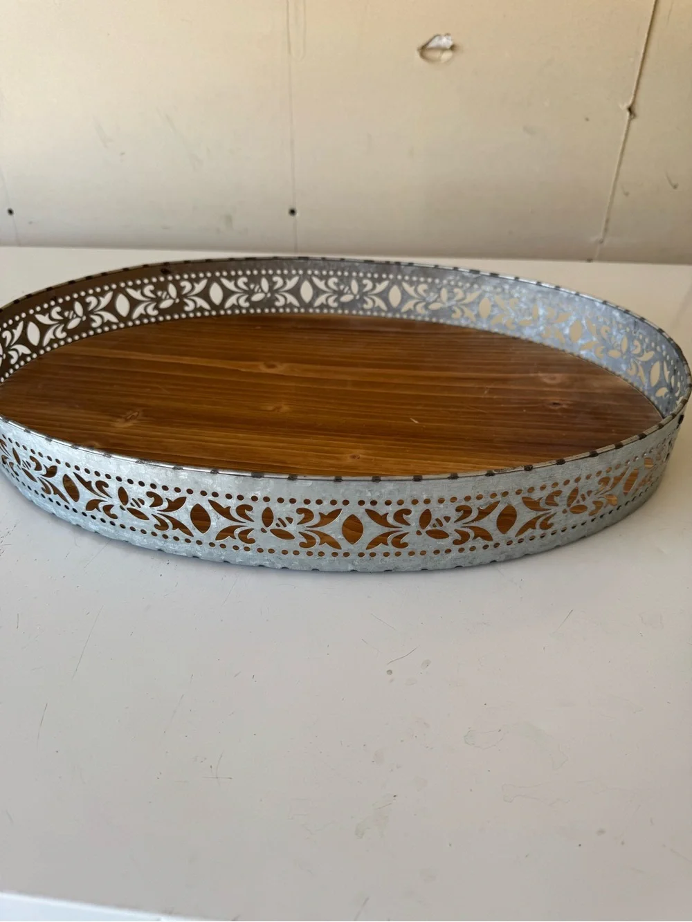 Wood and Metal Oval Serving Tray - Brown